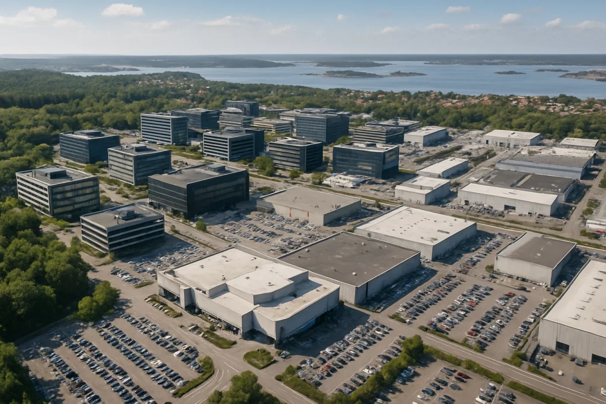 Flygbild över Askim-Frölunda-Högsbo i Göteborg med kontorslokaler, köpcentrum och industriområden nära kusten.