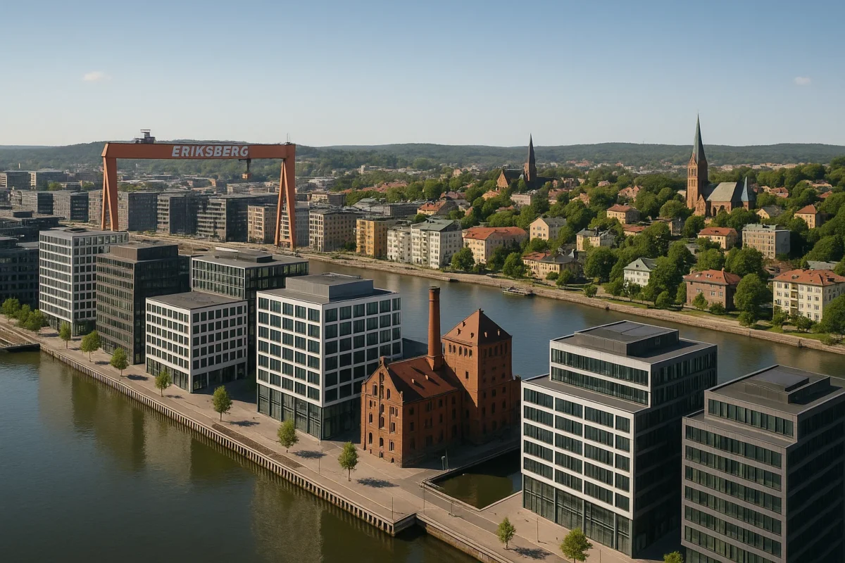 Flygbild över Lundby i Göteborg med Eriksbergs kran, moderna kontorsfastigheter, Kyrkbyns kyrka och kontorslokaler vid Kvillebäcken.