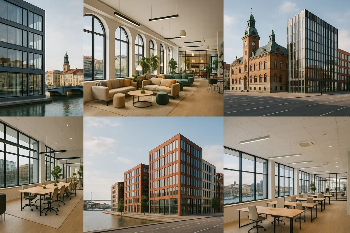 Moderna kontorshotell och coworkinglokaler i olika stadsdelar av Göteborg med både historiska och nya byggnader.