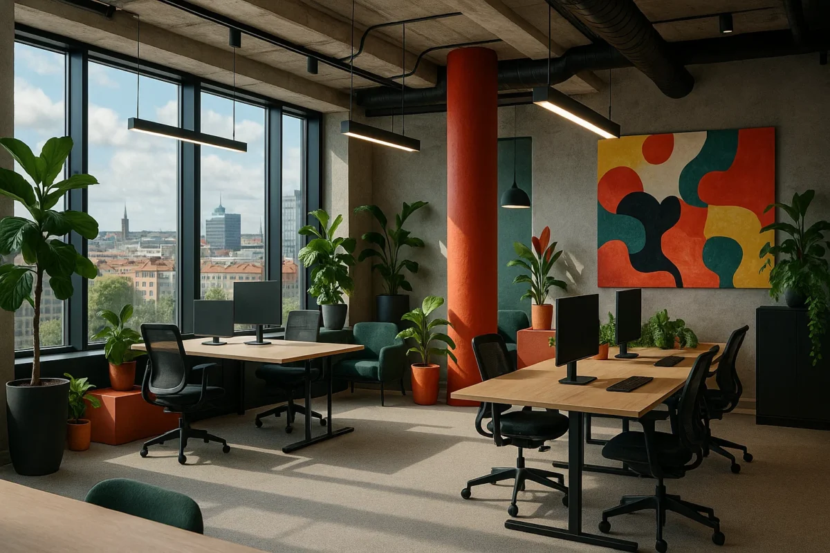 Modern kontorsdesign i Göteborg med skandinavisk minimalism, grönska och smarta arbetslösningar.