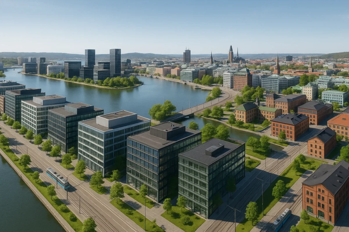 Göteborgs affärsdistrikt med moderna kontorshus, hållbar arkitektur och vattennära citymiljö.