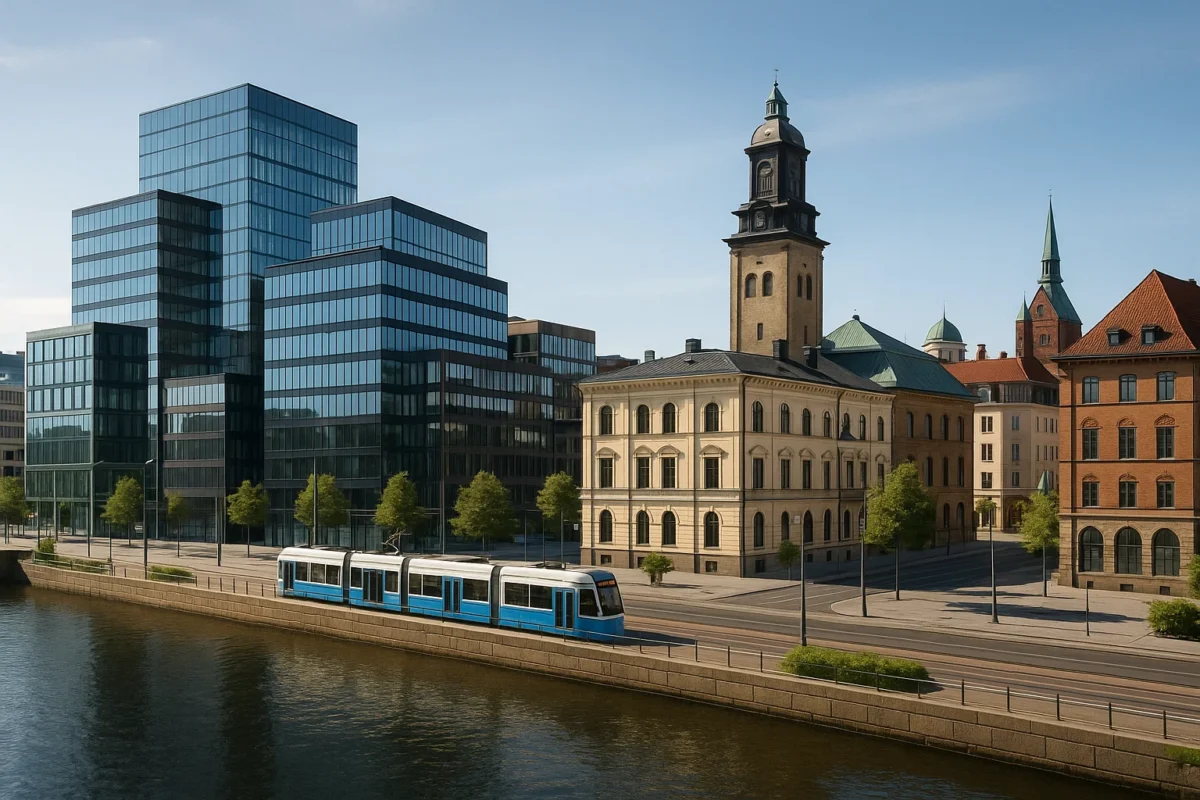 Göteborgs stadskärna med moderna kontorsbyggnader och historiska fasader i en affärsmiljö.